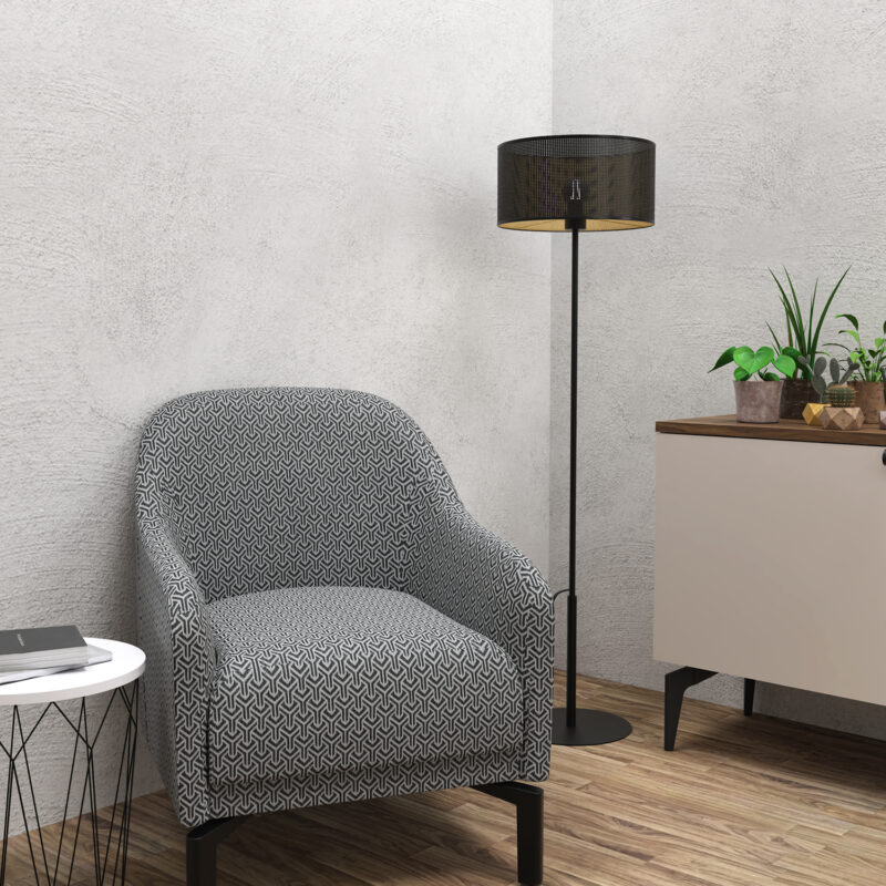 Lampa Podłogowa Luminex Loft Shade Prosta, Black, Cylinder Shade Dia 400, H 200 Black/gold x1 - obrazek 4