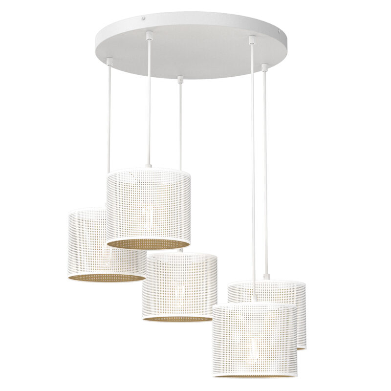 Żyrandol Luminex Talerz Dia 440, Loft Shade White, Cylinder Shade Dia 180, H 150 White/gold x5